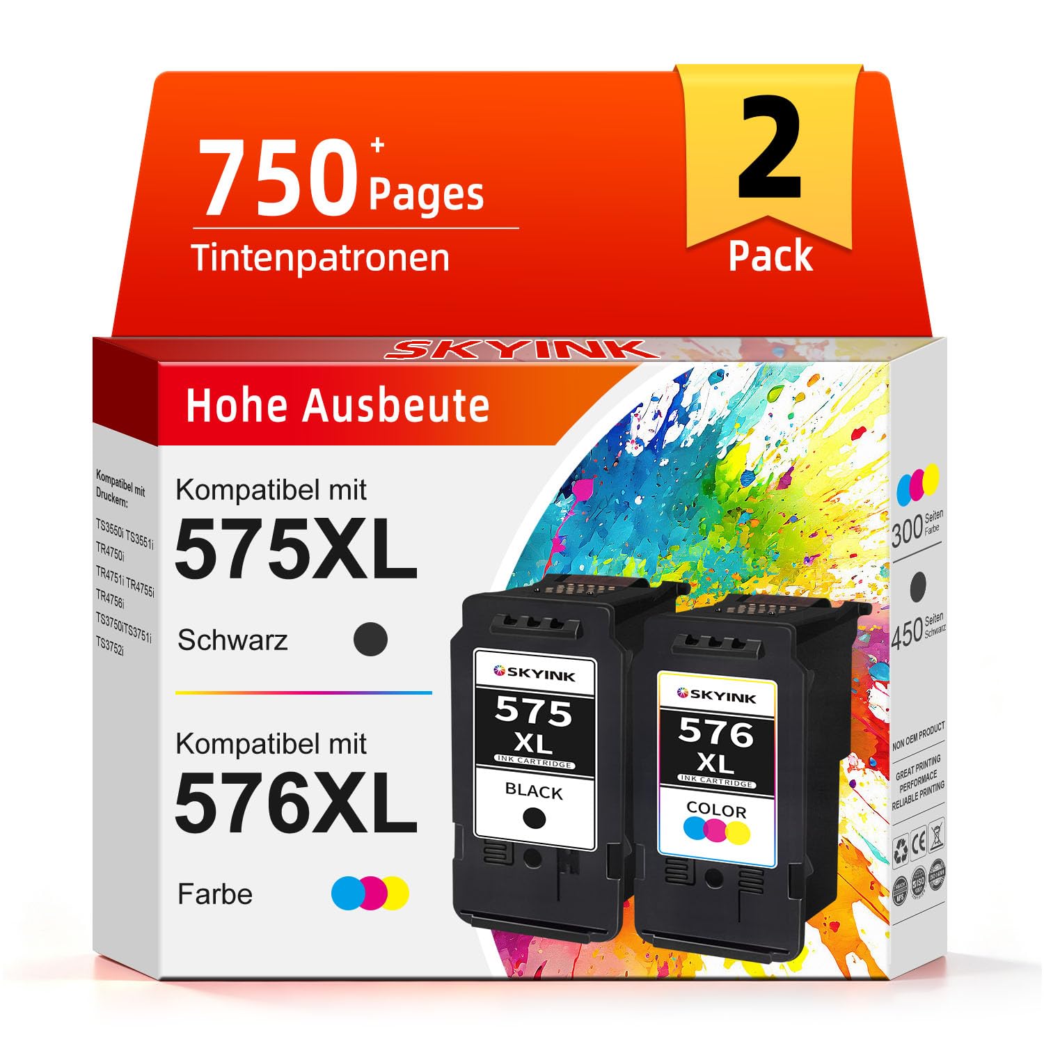 Skyink 575XL 576XL Tintenpatrone Ersatz für Canon Druckerpatronen 575 576 | Kompatibel für PG575 CL576 Patrone für TS3750i TR4755i TS3550i TS3751i TS3752i TS3551i TR4756i TR4750i Schwarz Farbe 2-Pack