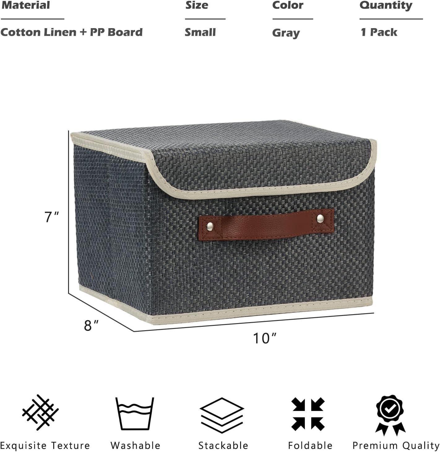 Storage Bins with Lid Fabric Storage Box Basket PU Leather Handle Textured Woven Cotton Linen Decorative Foldable Washable Shelf Closet Organizer Container (Flip-top Lid, Gray, Small)