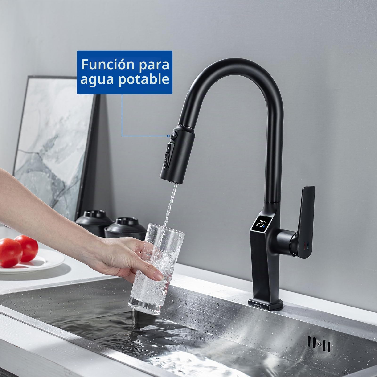 Grifo de Cocina 3 Vías Negro Extensible con Indicador Temperatura LED | Grifo Osmosis 3 vias LakeBayMZC, Grifo Monomando para Fregadero, Giratorio 360°, Acero Inoxidable 304 para Cocina, Baño Bar