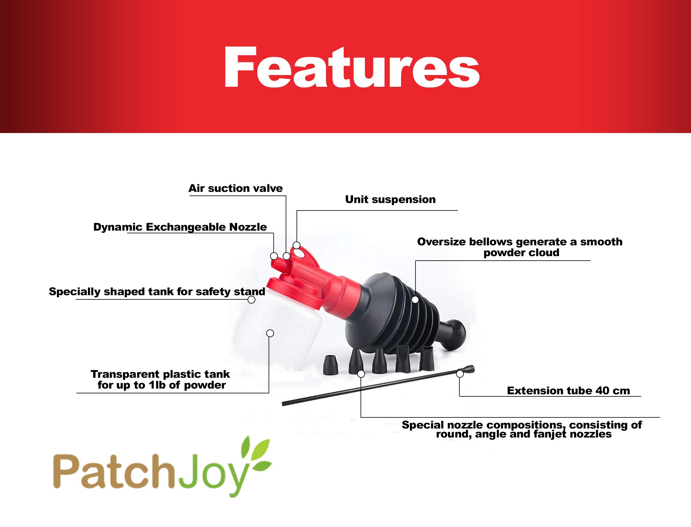 PatchJoy Powder Duster | Diatomaceous Earth Duster | 6 Nozzles for Universal Application of Insecticide Dust