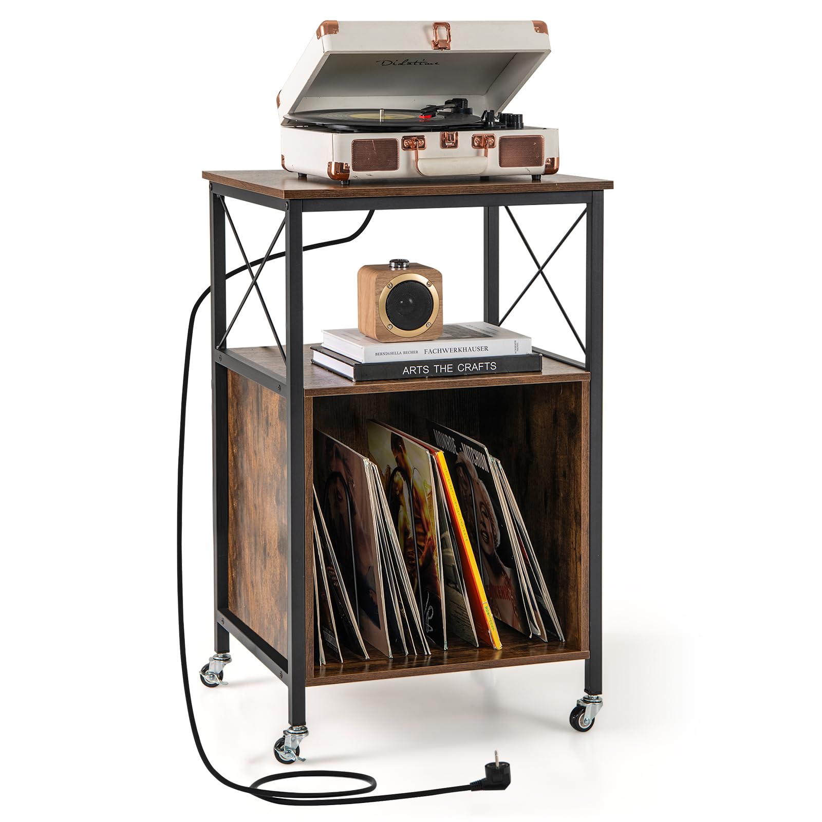 COSTWAY Mobile per Giradischi e Vinili, Supporto Giradischi con Ruote e Stazione di Ricarica, Tavolo Espositore in Legno per Dischi in Vinile Vintage, per Soggiorno e Camera da Letto, 50 x 45 x 82 cm