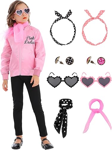 Chaqueta de satén rosa de los años 50, disfraz de Halloween para mujeres y niñas, disfraz de Halloween para niños de los años 50 con 10 accesorios