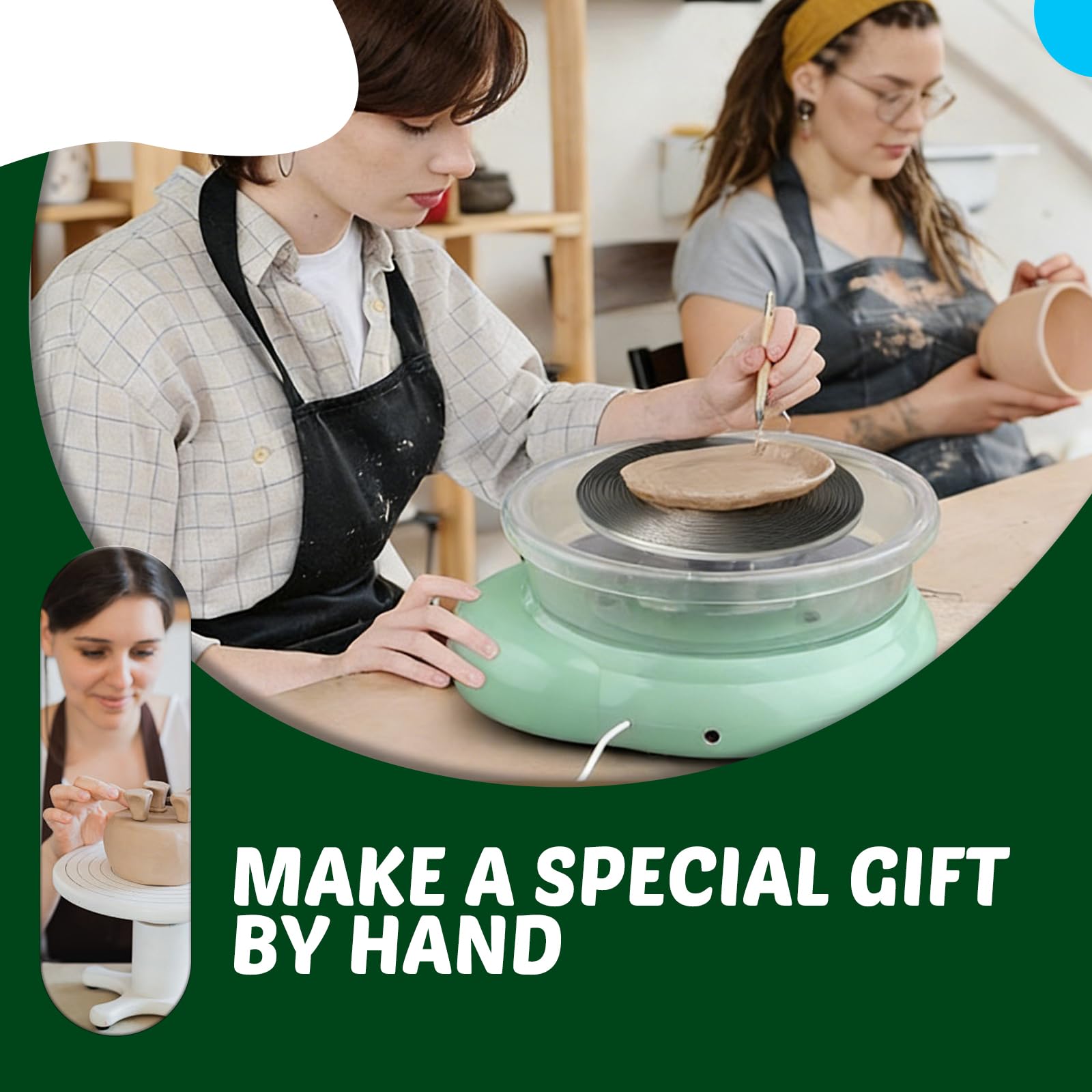 BORDEAG Mini-Töpferscheibe, Töpferscheibe Elektrisch, Elektrische Töpferscheibe, DIY Keramik Set 8-Teiliges Zubehörset Für Kreative Kunstprojekte Und Bastelspaß(Grün)