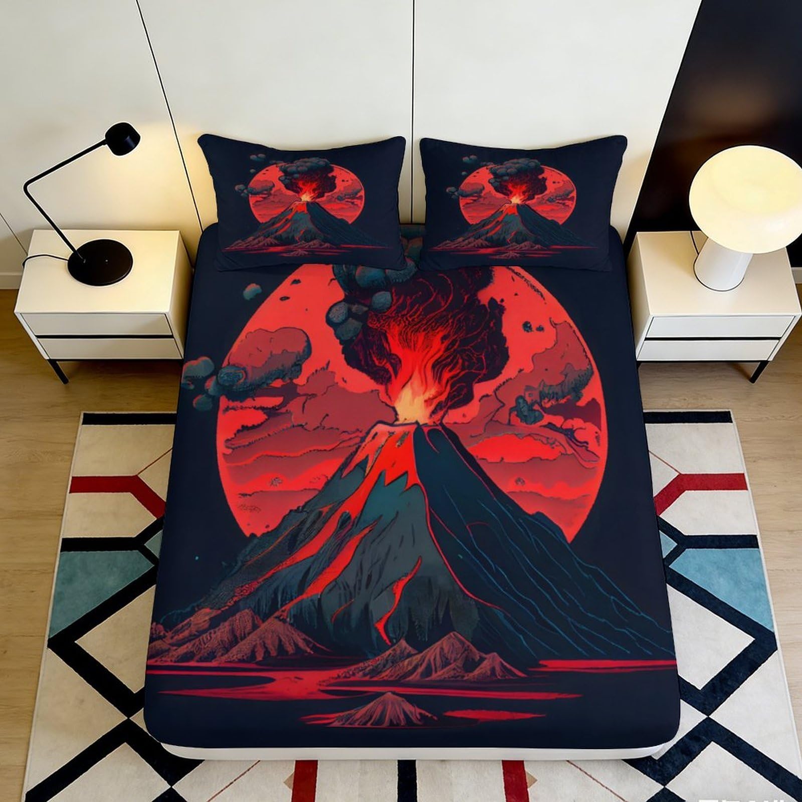 3D Printed Volcano Eruption Fitted Sheet Microfiber Red Lava Bed Cover for Bedroom Dorm Mattress Protection Decor 90x200x25cm