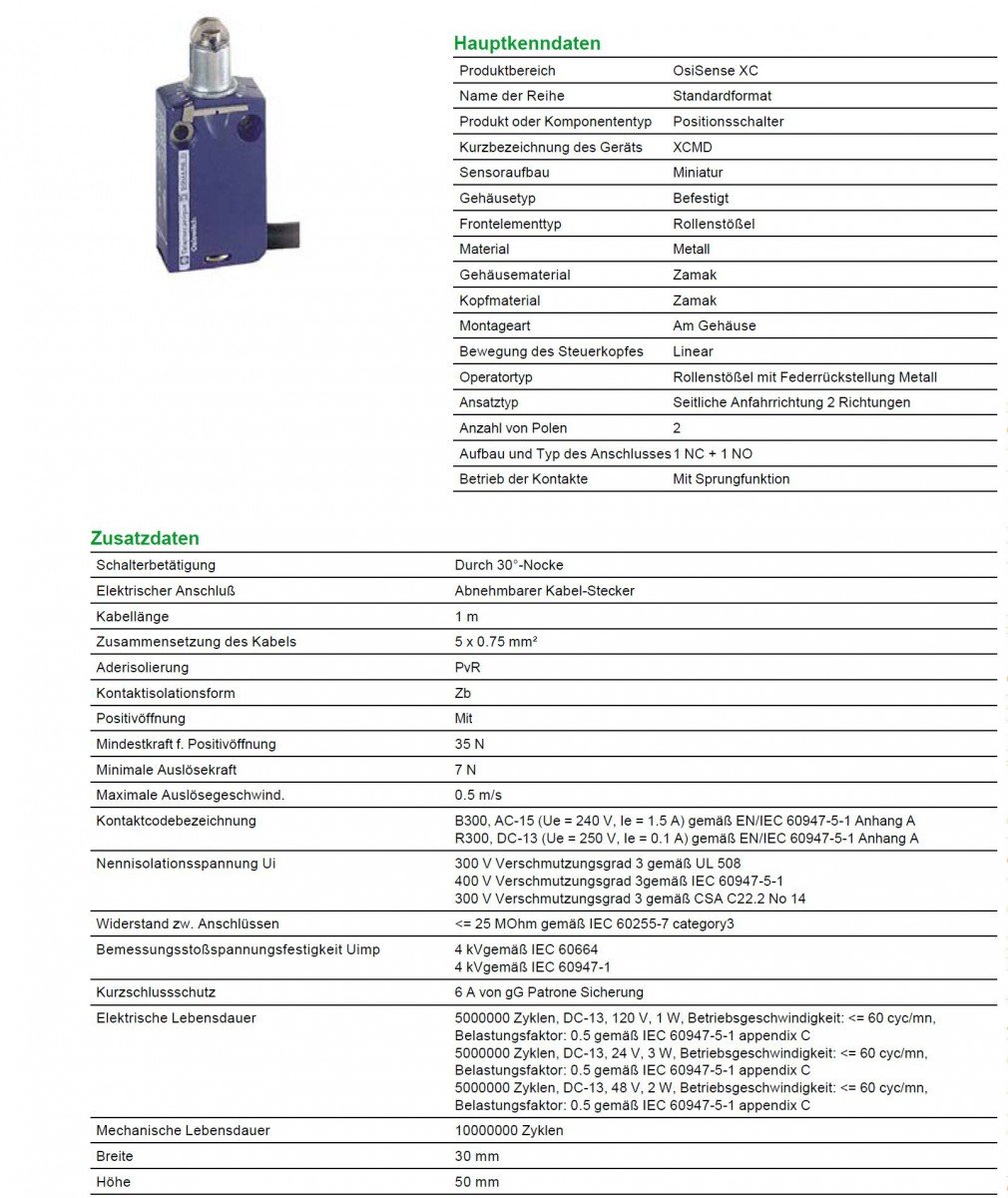 Schneider Electric XCMD2102L1 ex OsiSwitch Métal Interrupteur de position format standard, poussoir à galet acier, tête de piston, 1NC+1NO, brusque, 1m longueur de câble