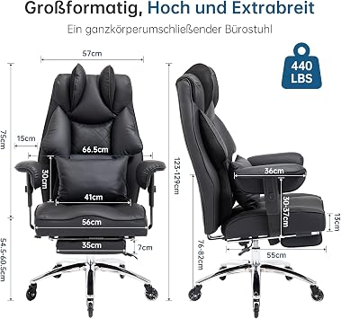Ergonomic Office Chair 200 kg Executive Chair with Footrest XXL Desk Chair 90-135° Backrest Height Adjustable W Shape Seat Cushion Lumbar Cushion Black Leather