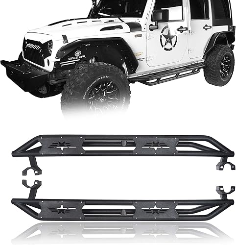 JKU - Estribo lateral Nerf Bar con logotipo de estrella compatible con Jeep Wrangler 2007-2018 JKU Unlimited de 4 puertas (se vende por par)