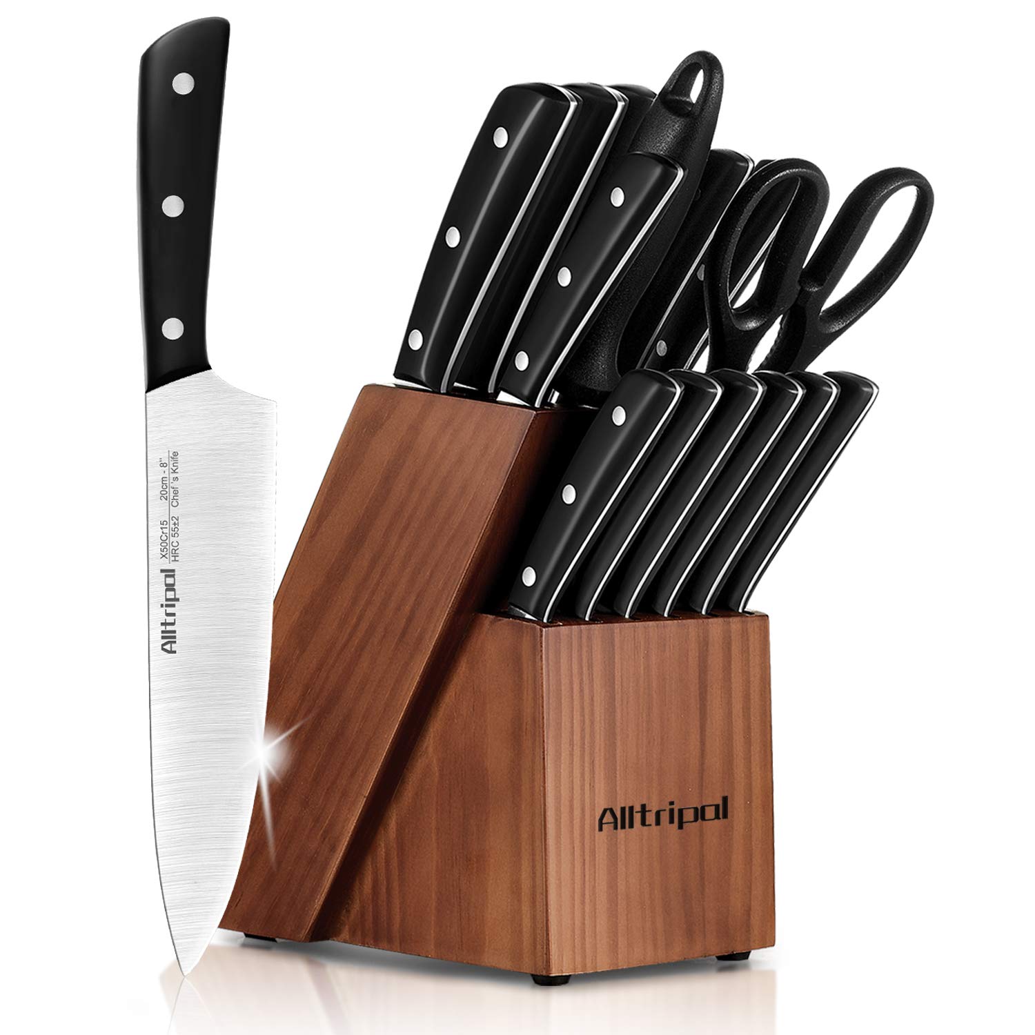 Alltripal Knife Set 16 Pieces Kitchen Knife Set with Wooden Block Forged Premium German Stainless Steel with Japanese Designed Pom Handle and Sharpener Shear Six Steak Knives (Black)
