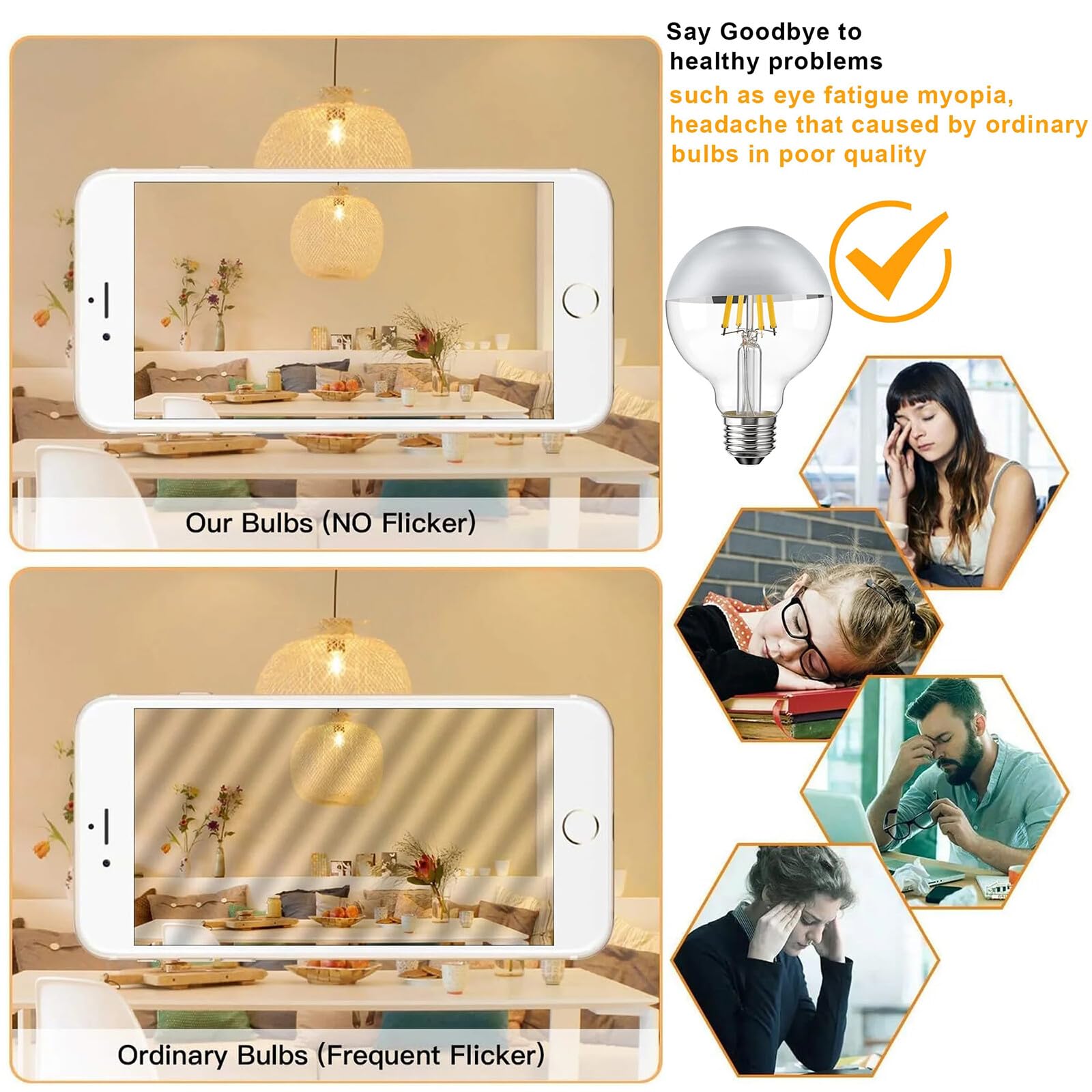 Bombillas LED G80 de espejo plateadas E27 7 W estilo retro Edison 2700 K blanco cálido con tapa plateada y medio cromado (paquete de 6)