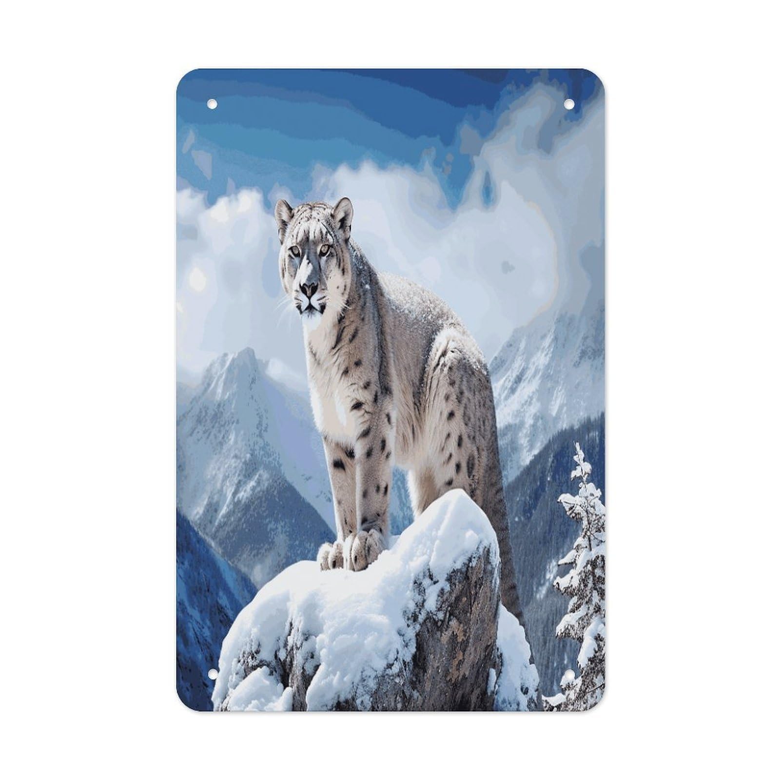 LDGSUPH Snow Leopard Mountain Wall Art Prints Folded Edge Iron Sheet Painting with Holes for Wall Prints Decorative Picture Metal Signboard Decor Painting for Outdoor Indoor Wall Decor