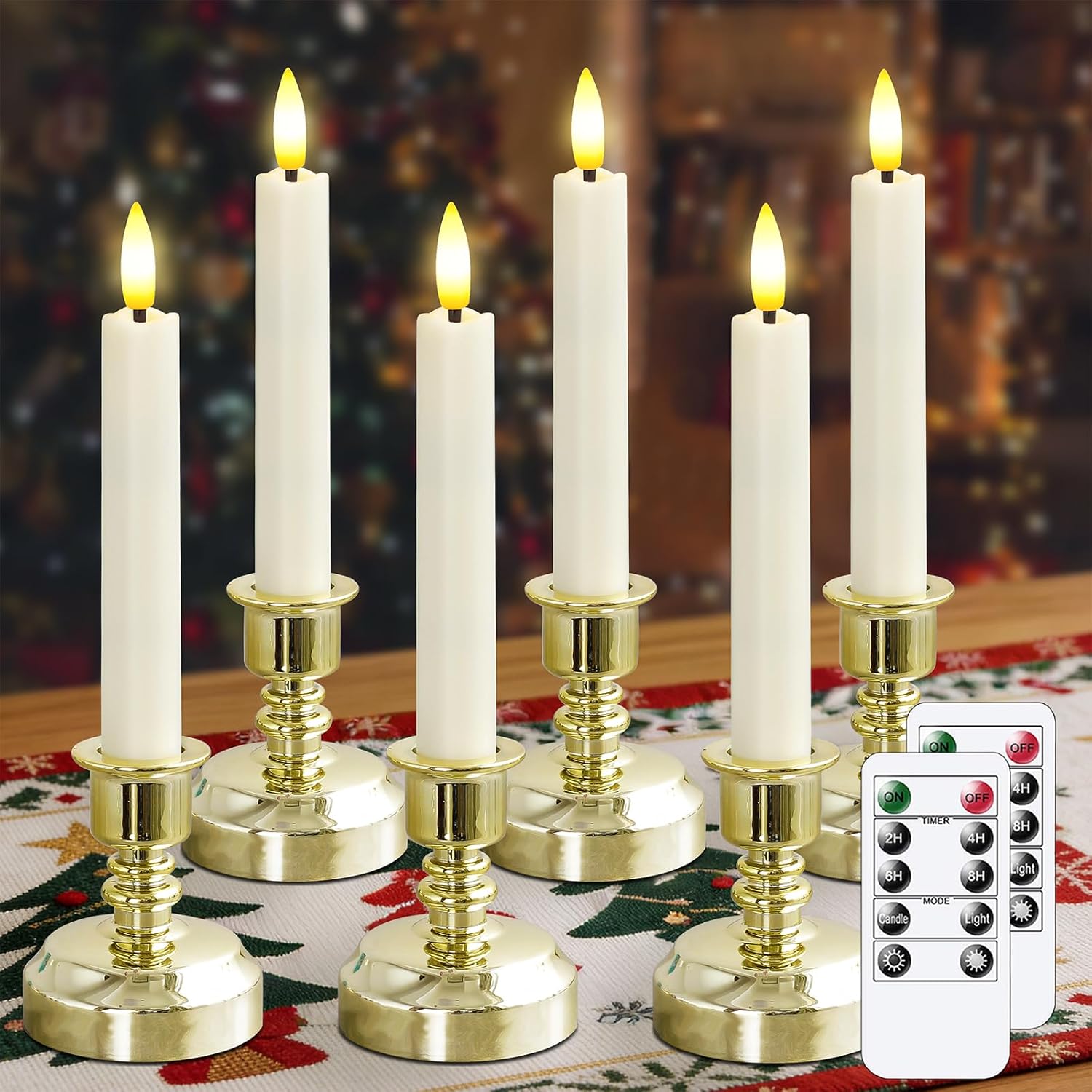 LED Battery Operated 2 Remotes & Cycle Timer 0.78" x6.4" Ivory Plastic Taper Candles, Flameless Flickering Pack of 6 Long Lasting Window Candles (Included 6pcs Gold Candlesticks)