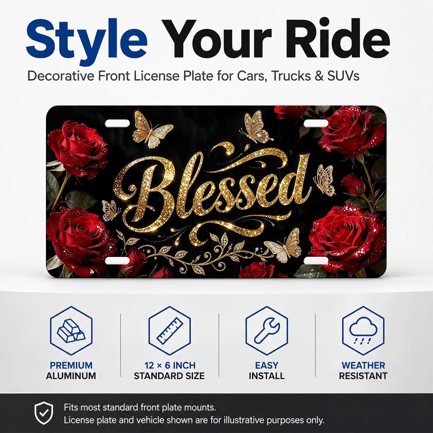 Blessed Gold Rose Butterfly Decorative License Plate, 6 x 12 Aluminum image 2