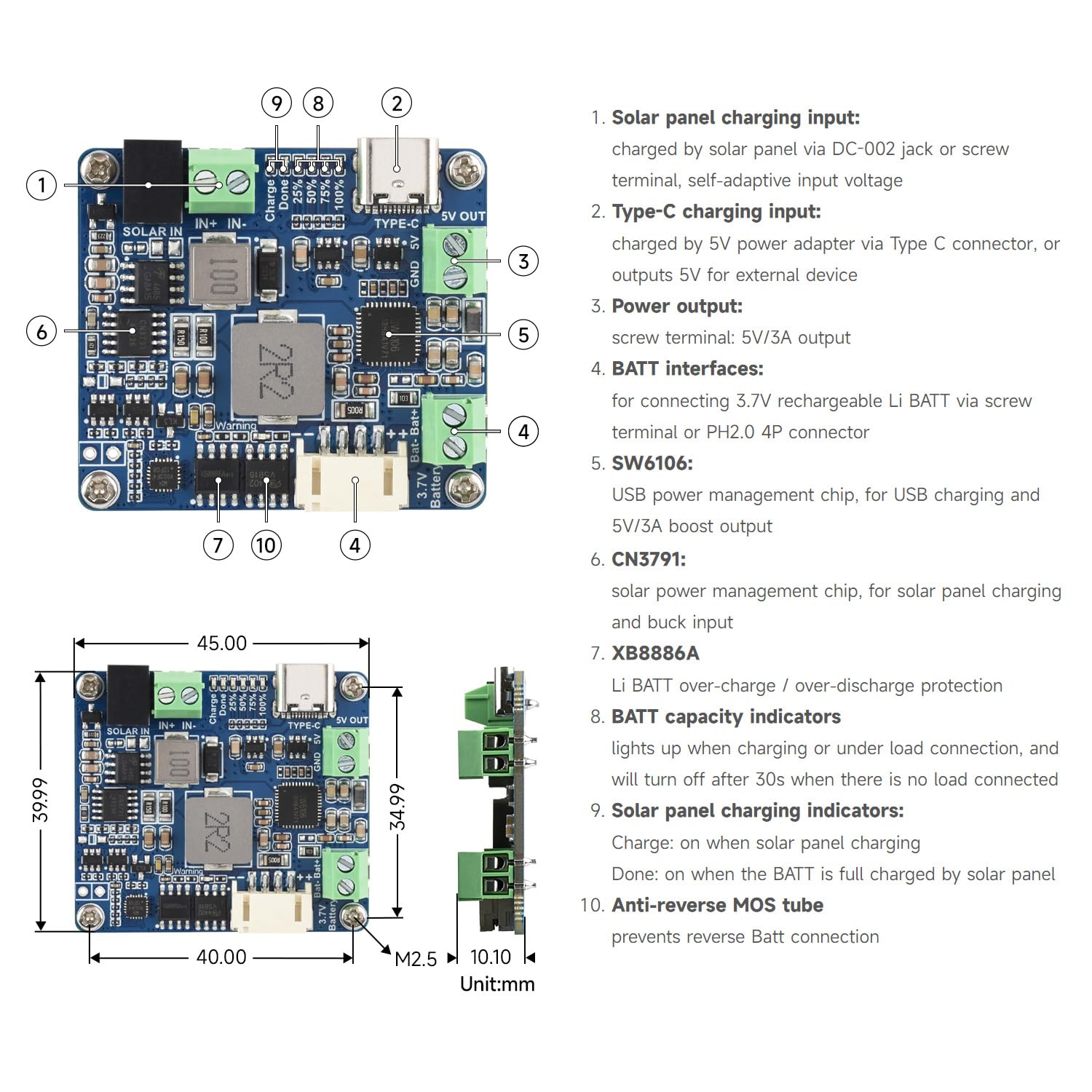 Waveshare Solar Power Manager Module (D), Support 6V~24V Solar Panel & Type-C Power Adapter, 5V/3A Output, Solar Controller USB, MPPT Solar Charger, with batt Holder (batt are Not Included)