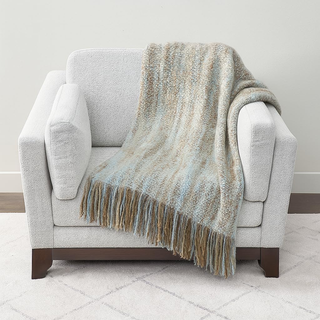 Fennco Styles Aqua Faux Mohair Throw Blanket - Shabby Chic Tassel Blanket, Cozy Home Decor, 50"x60"