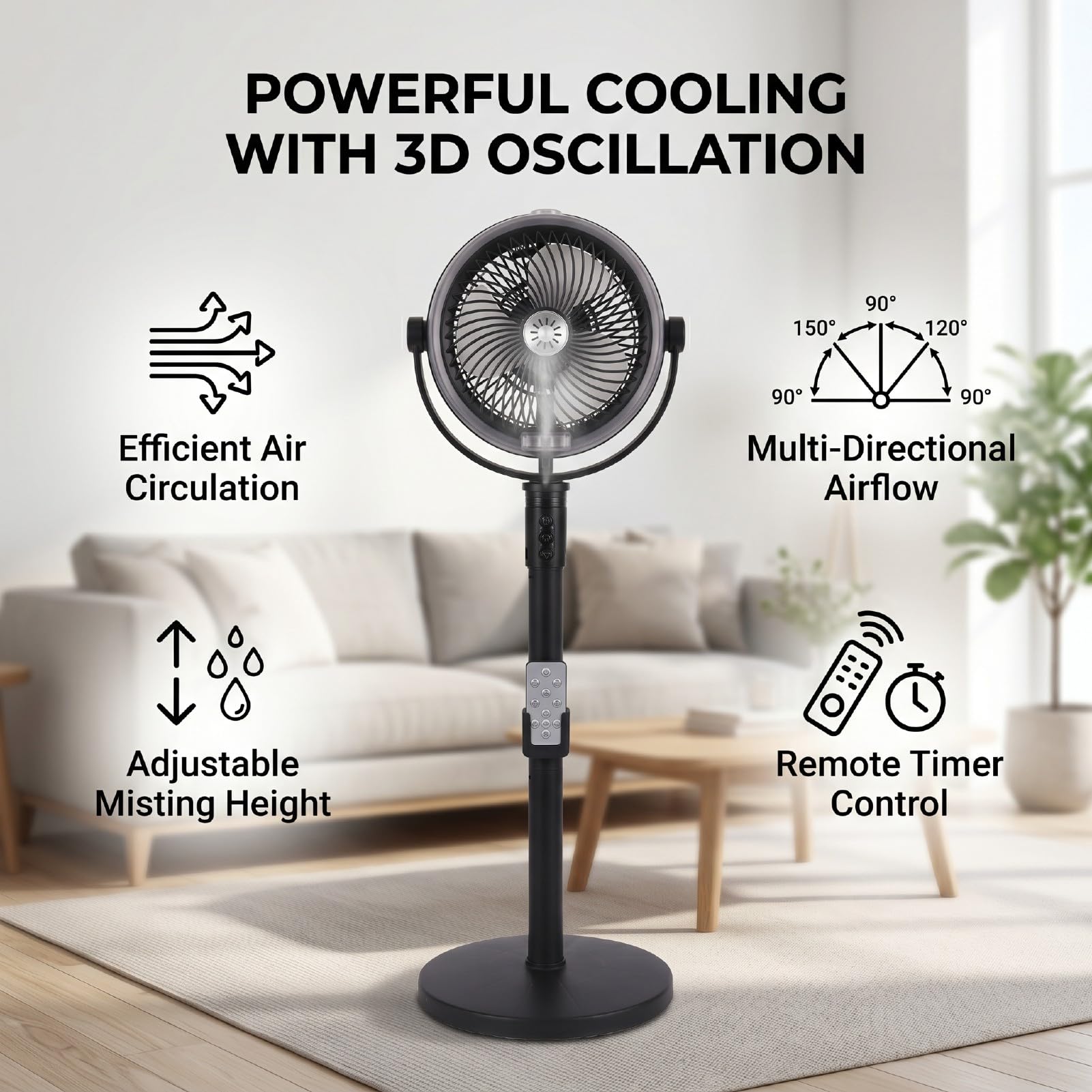 Ventilador Oscilante de Pie, Ventilador de Refrigeración por Nebulización Eficiente, Ajustable para el Hogar, USB de Oficina, Motor Fuerte Recargable (BLACK)