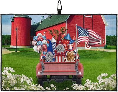 Retro Truck Loads of Independence Gnomes Golf Towel with Carabiner Clip, Ameican Flag Day Rural Barns Life Microfiber Waffle Pattern Golf Towel, Golf Accessories for Clubs and Balls, 24x16 In
