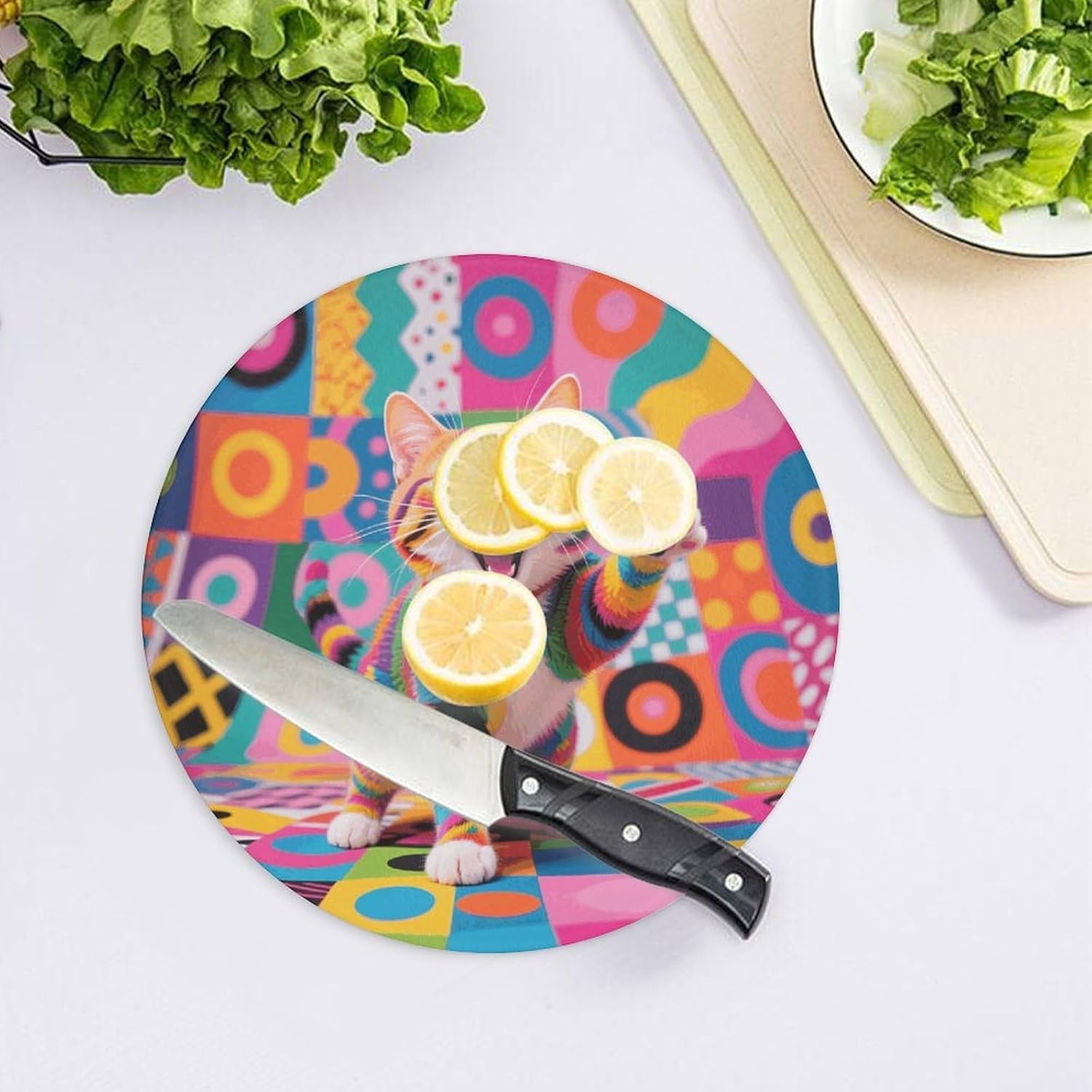 Style Cat Tempered Glass Chopping Block | 7.9 Inch Round Non Slip Glass Cutting Board Kitchen Prep Tray for Household Daily Cooking Outdoor Picnic Use