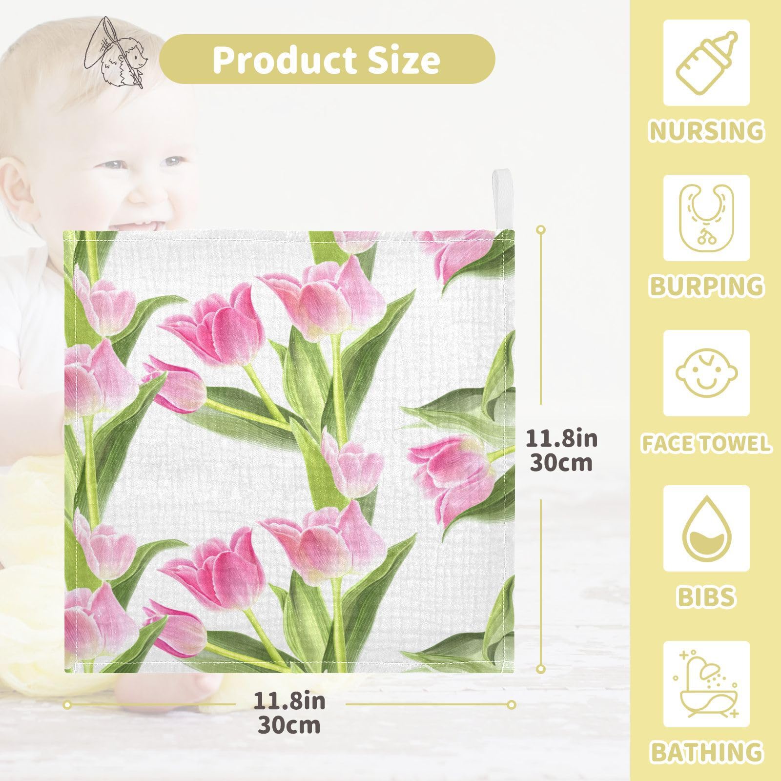 Kigai Beautiful Tulips Baby Washcloths,3pcs Ultra Soft Absorbent Towel,Newborn Bath Face Towel, Natural Reusable Baby Wipes for Sensitive Skin, Baby Registry as Shower
