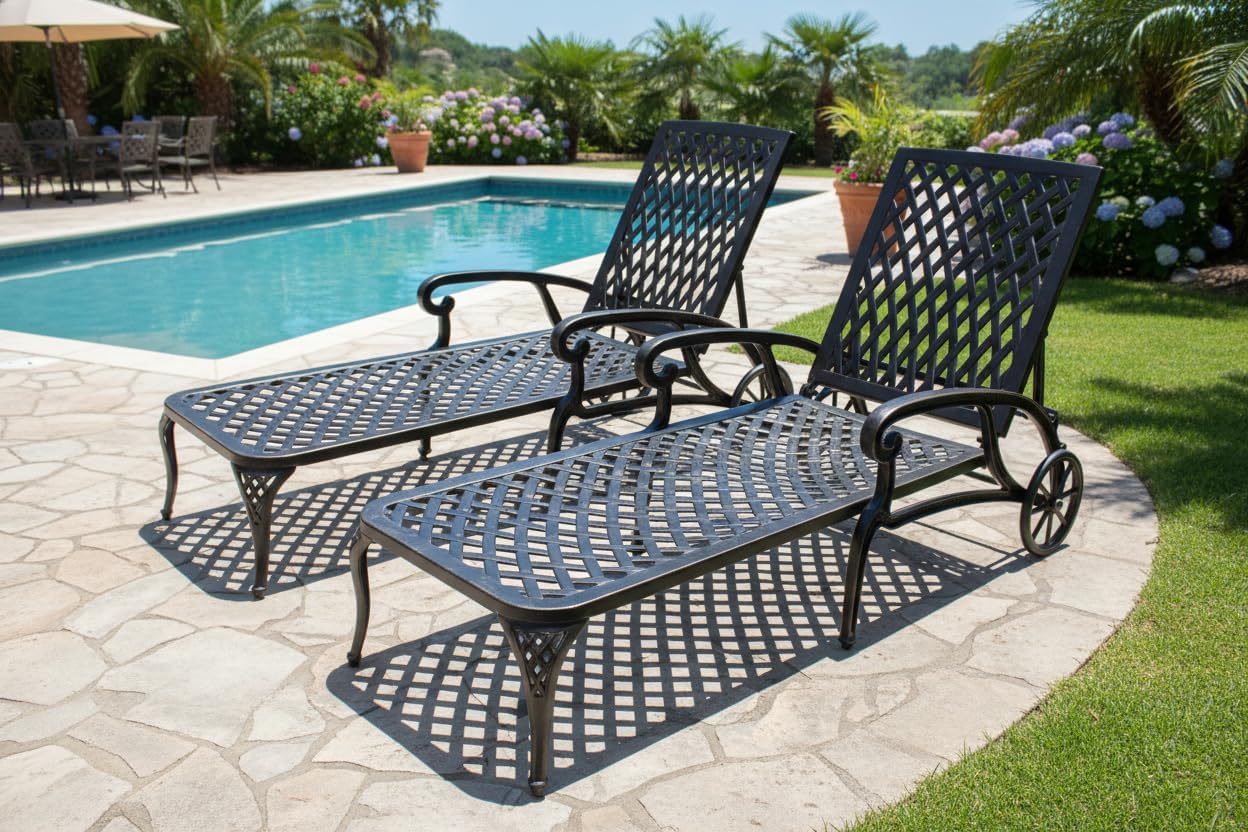 KEIKI Chaise Lounge Chair Outdoor Set of 2, Aluminium Cast Patio Chaise Lounge with Adjustable Backrest and Moveable Wheels, 3 Pieces Outside Tanning Chair, Brown and Brown (Side Table Not Included)
