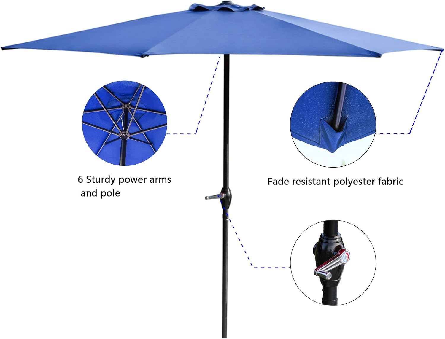 LOKATSE HOME Table Outdoor Market Patio Umbrella, 9 Feet Garden Umbrella with Crank, 6Ribs (Blue)