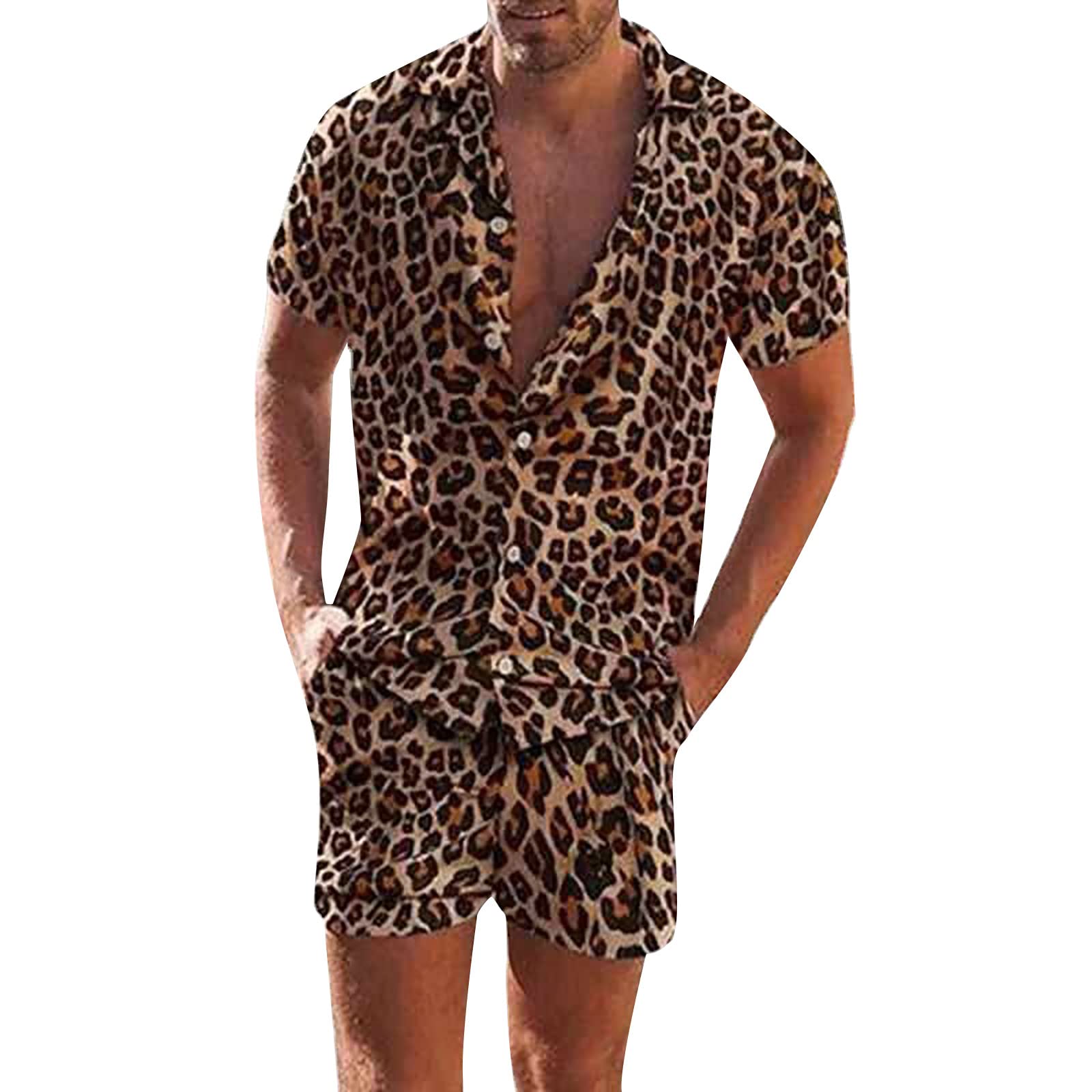 Camicia a maniche corte abbottonata con stampa leopardata da uomo, set camicia elasticizzata a maniche corte abbottonata da uomo e pantaloncini,Tuta da uomo 2 pezzi estate set corto abiti moda