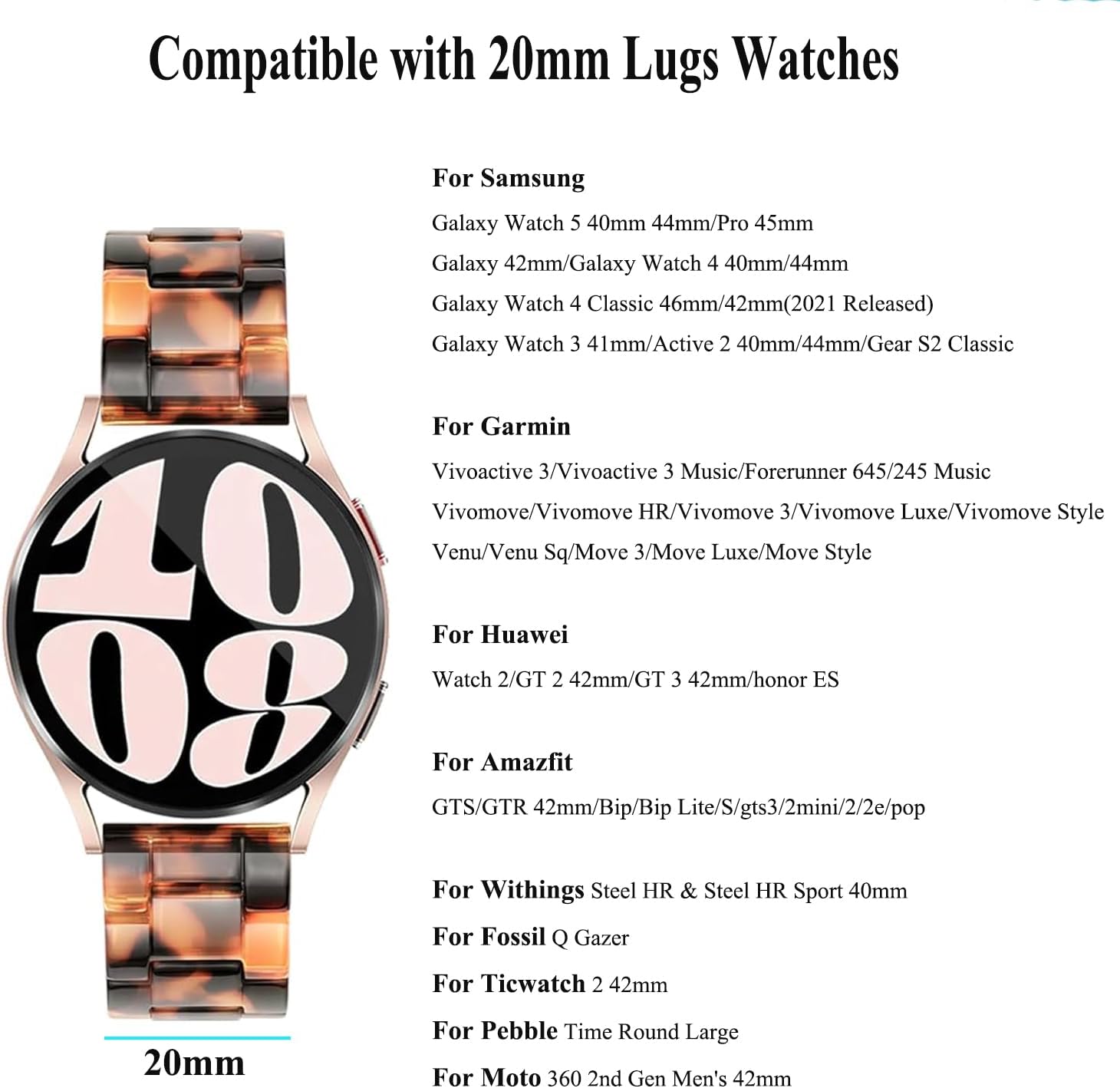 Watch Band Compatible with Samsung Galaxy/Gear and Garmin, 20mm 22mm Resin Watch Strap for Women