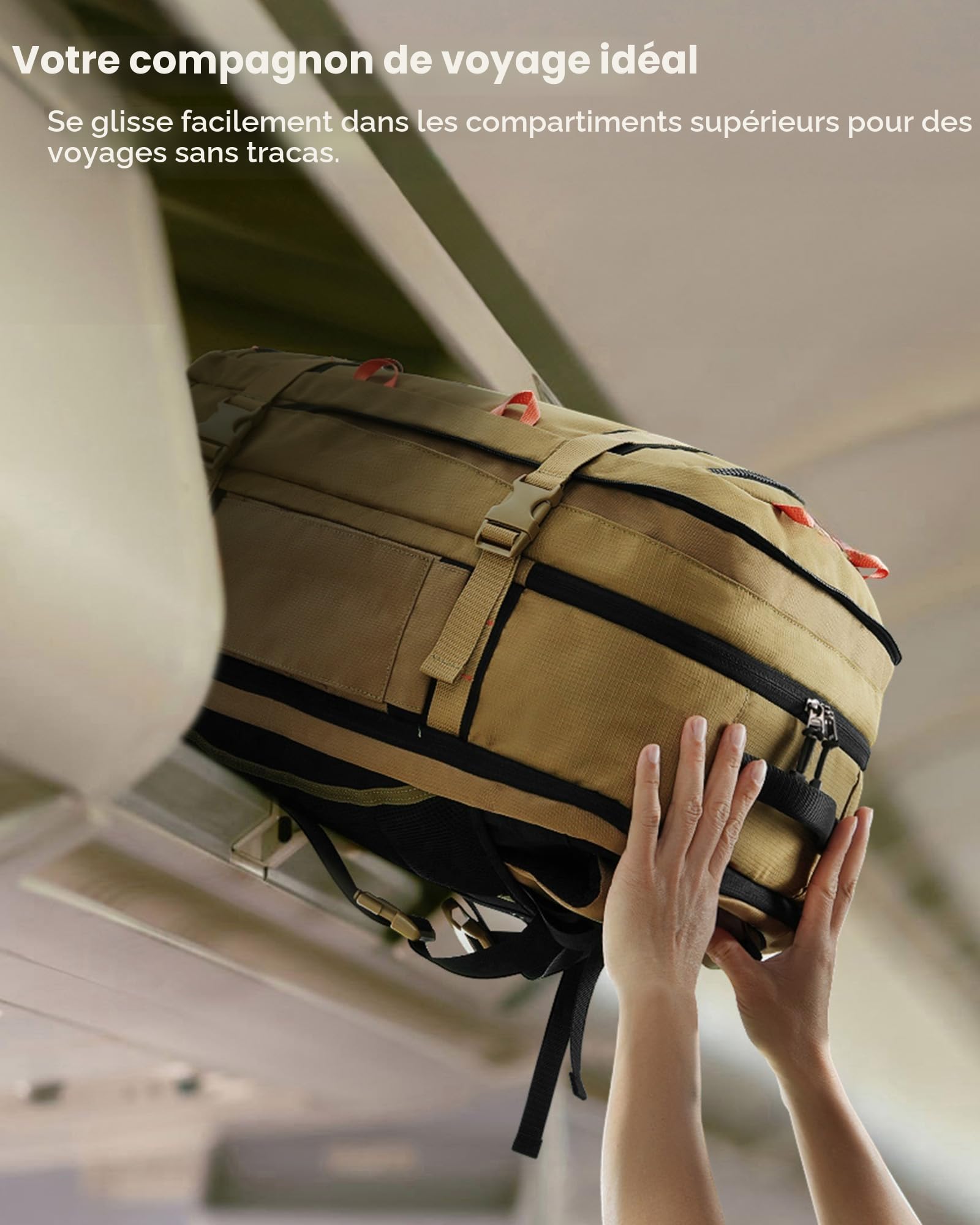 Tolaccea Sac a Dos Voyage Cabine Avion Extensible 45L-50L, Sac à Dos Voyage Imperméable Grand Compatible TSA Antivol, Sac a Dos Ordinateur 17,3“, Sac Cabine Avion pour Homme Femme Voyage, Kaki