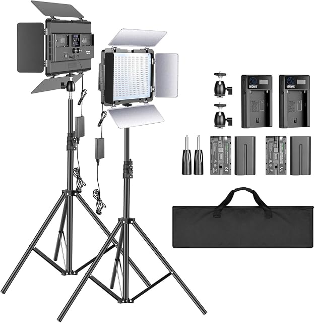 Neewer 2-Pack 2.4G LED Video Light with 2M Stand Bi-color 600 SMD CRI 96+ LED Panel/Barndoor/LCD Display Video Lighting Kit for Photo Studio Photography, Ball Head/Remote/Battery/Charger/Case Included