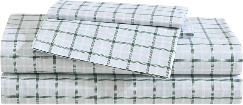 Eddie Bauer - Twin Size Sheet Set, 100% Cotton Percale Bedding, Crisp & Breathable Bed Sheets with Pillowcase, Fully Elastic Fitted Sheet, Deep Pocket Fit Classic Tattersall Plaid