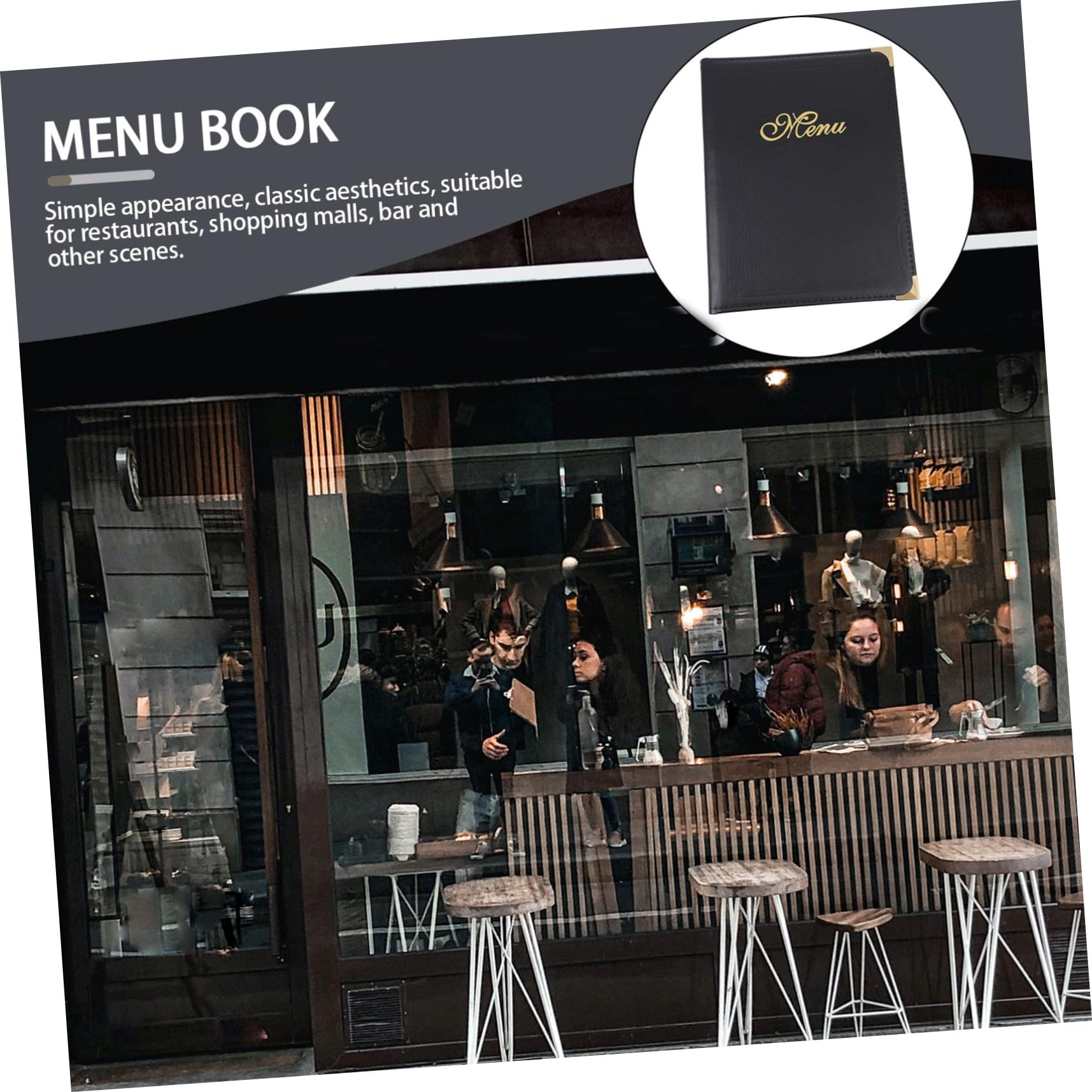 Cartella Porta Menù in Pelle A4 Nera per Ristorante e Bar, Libro Porta Menù Supporto Trasparente, Copertina Elegante Decorazioni Angolari in Metallo, Uso Professionale