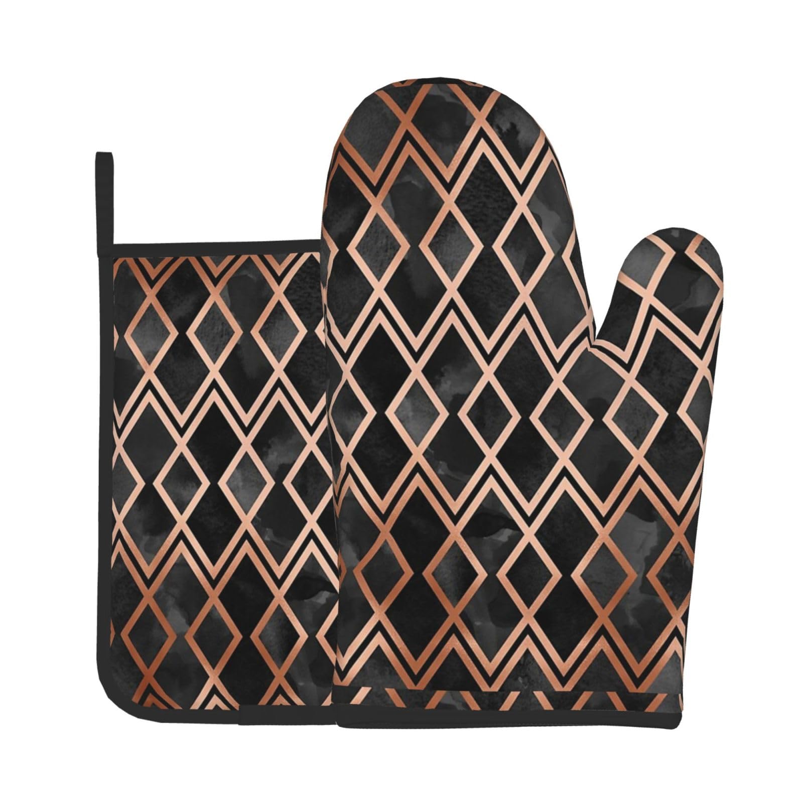 Copper & Black Geo Diamonds，Oven Mitts and Pot Holders Sets, Kitchen Heat Resistant Oven Golves