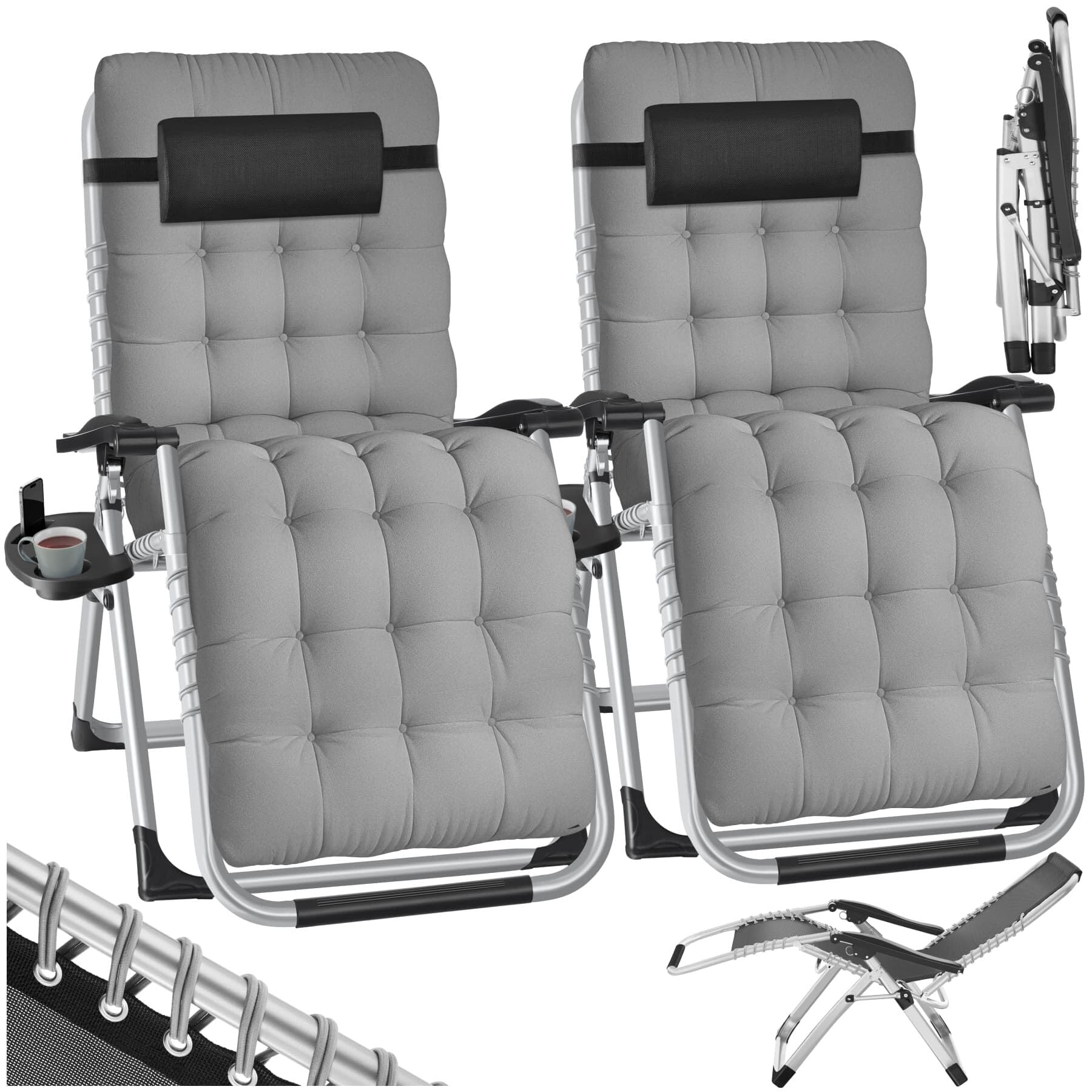 tectake® Set di 2 Sdraio da Giardino, Sdraio Lettino Prendisole Richiudibile, Sdraio Mare, Cuscino Poggiatesta, Tessuto Traspirante, Schienale Regolazione Continua, Ripiano Portaoggetti -Grigio Chiaro