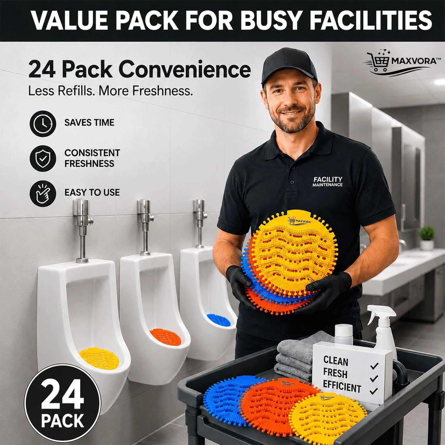 Urinal Screen Deodorizer 24 Pack with Gloves, Anti-Splash Urinal Cakes for Men’s Toilets, Fresh Scent Urinal Screen Mats for Restroom, Office, Hotels & Schools Odor Control(8 Blue, 8 Yellow, 8 Orange)