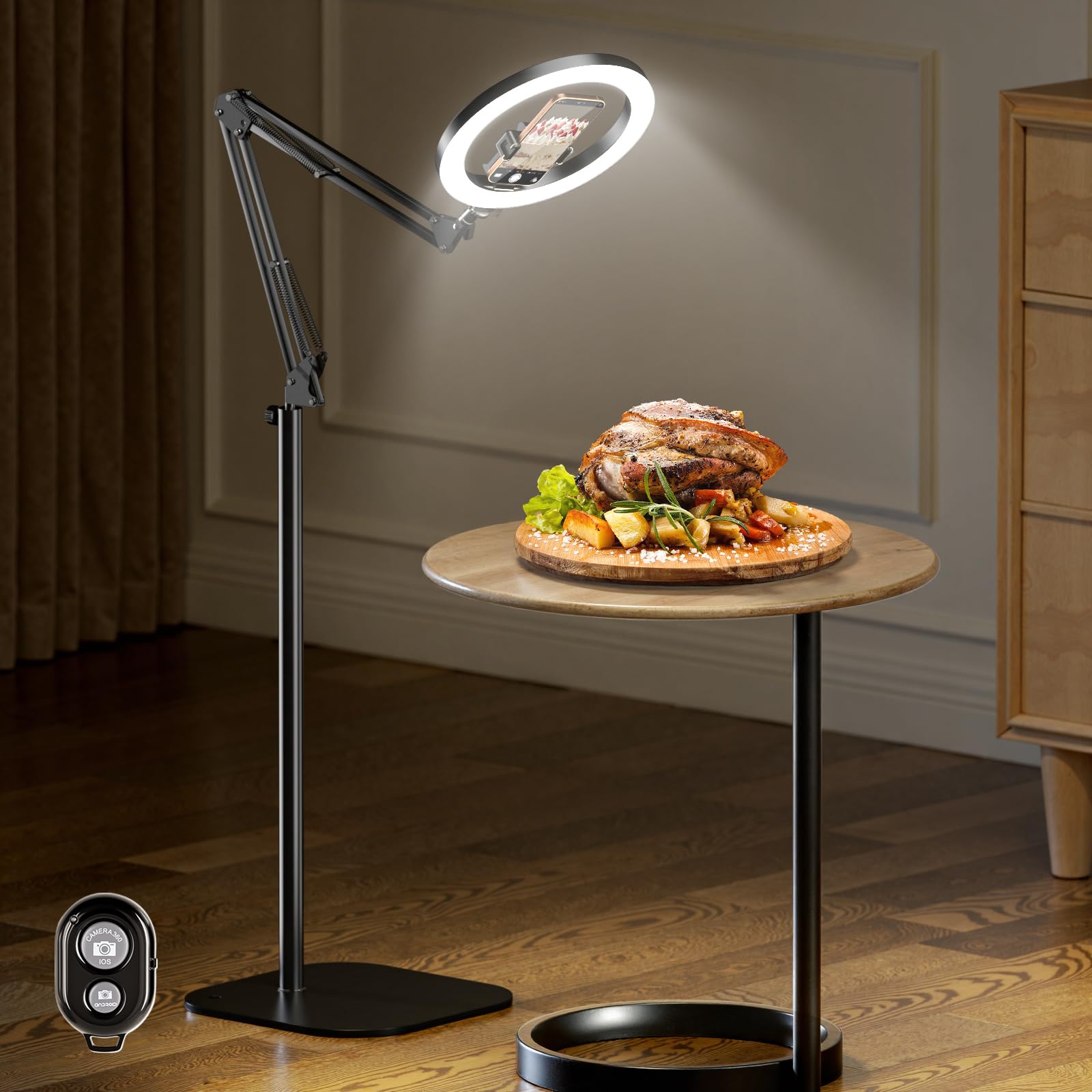 Ring Light for Desk, Overhead Phone Mount with 10" Selfie Light with Stand, Luxsure Phone Tripod with Light for Recording, Streaming, Vlogging, TikTok YouTube Creator Essentials with Bluetooth Control: Standing