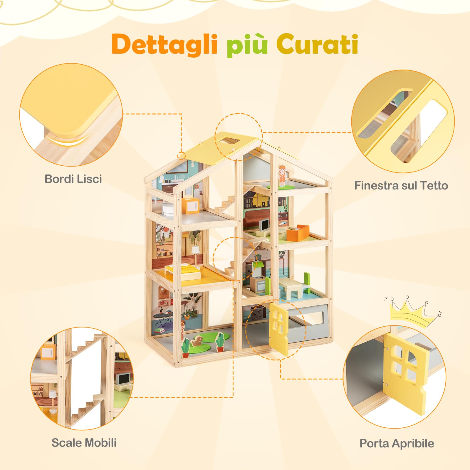 COSTWAY Casa delle Bambole in Legno, Casa Bambole con 4 Piani, 7 Stanze, Garage e Scale, Casetta Giocattolo Educativo con 18 Mobili Accessori e 3 Figure, per Bambini 3+ Anni, 60 x 30 x 75 cm