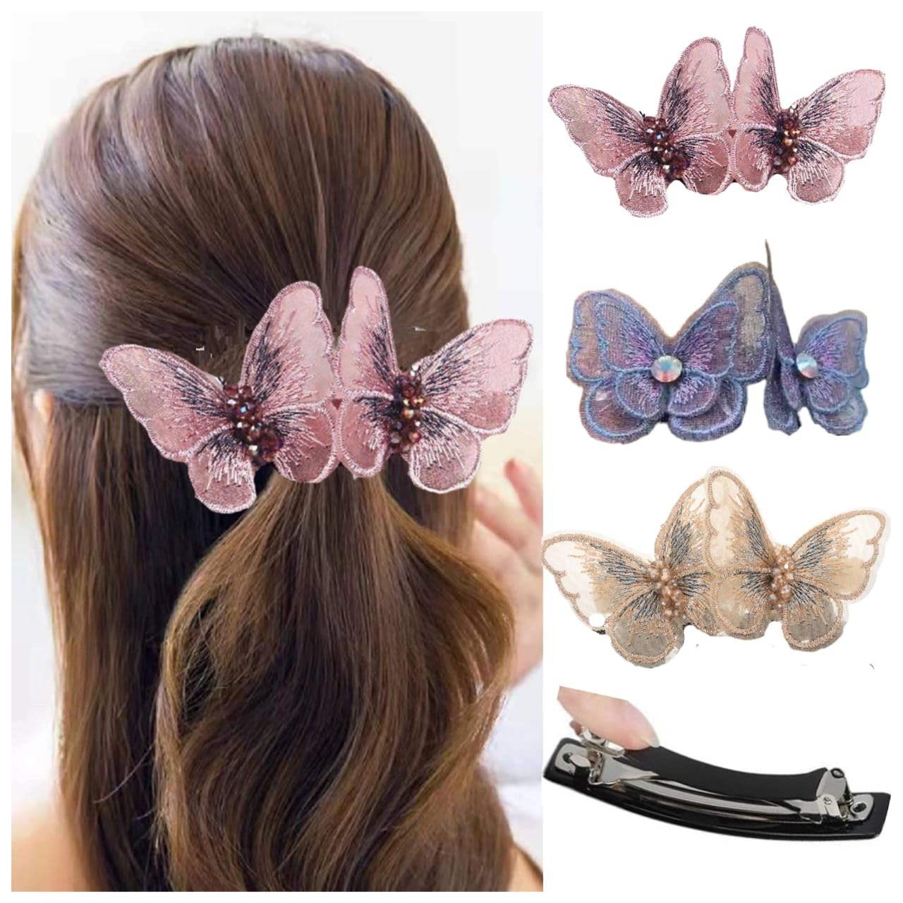 MISS LIRENN® 03 PCS Decorative Double Butterfly Barrettes Hair Clips for Girls, Women Classic French Hair Clips Fashion Hair Accessories, 3 Colours - Pink, Blue, Golden