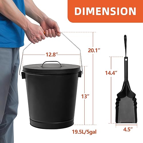 Miniatura 5 de Nouva Cubo de cenizas de 5.15 galones con tapa y pala, cubo de carbón de metal galvanizado para chimenea, hoguera, estufa de leña, parrilla, hogar,