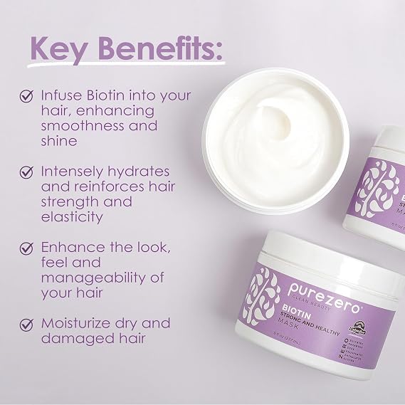 Purezero Biotin BUNDLE [12 oz Shampoo + Conditioner + 8 oz Strengthening Mask] - Volumizing, Thicker, Fuller Hair - Zero Sulfates, Parabens, Dyes, Gluten