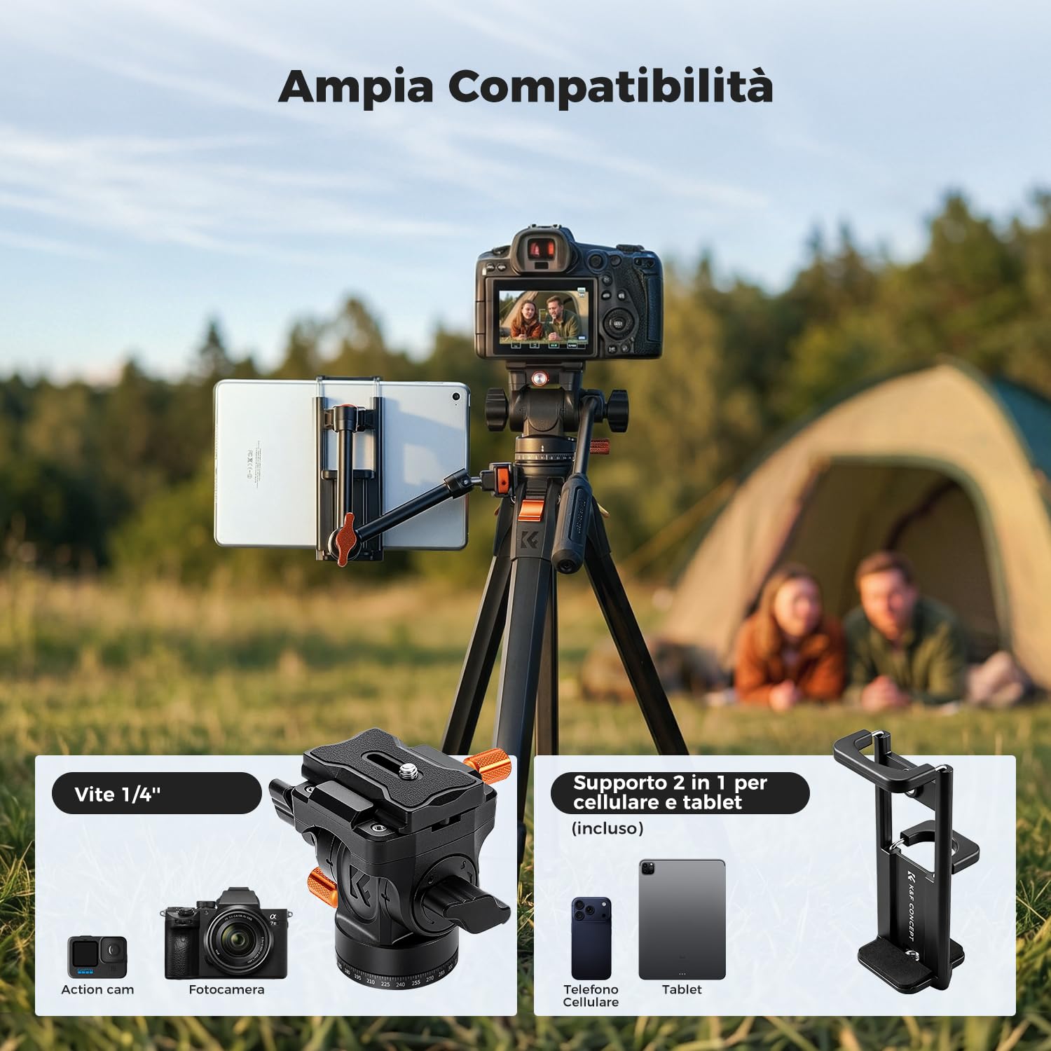 K&F CONCEPT Treppiede per Fotocamera 162cm, Cavalletto Fotografico Compatto | Testa Idraulica, Treppiede Video in Alluminio, Compatibile con Smartphone/DSLR/Sony/Canon/Nikon, Portata 3kg, A305A1+FH-04