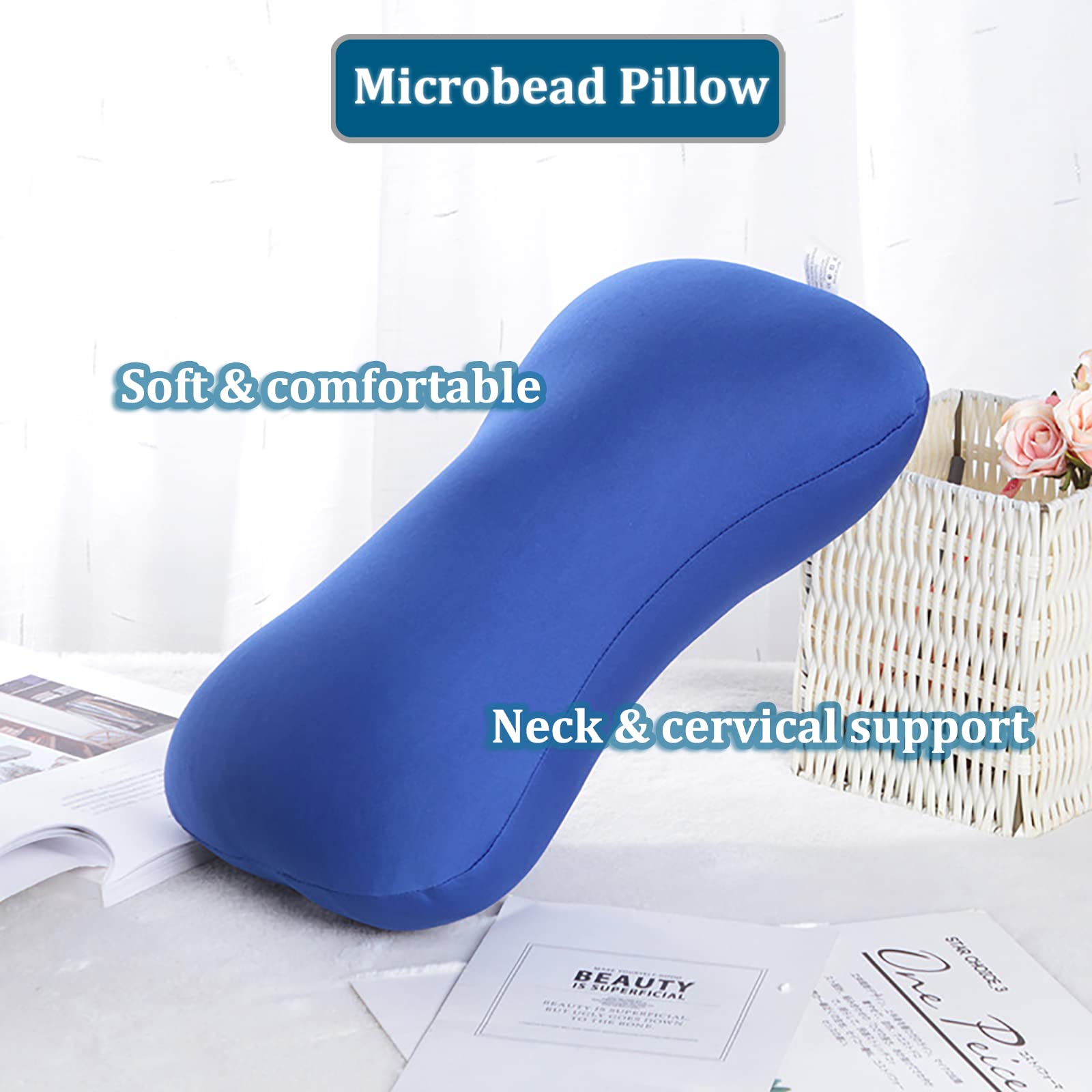 Microbead Neck Pillow Squishy, Bone Headrest Pillow Neck & Cervical Support Bolster Cushion Comfortable Soft Universal Tube Pillow for Home Sofa Bed Travel Car Sleeping (Blue)