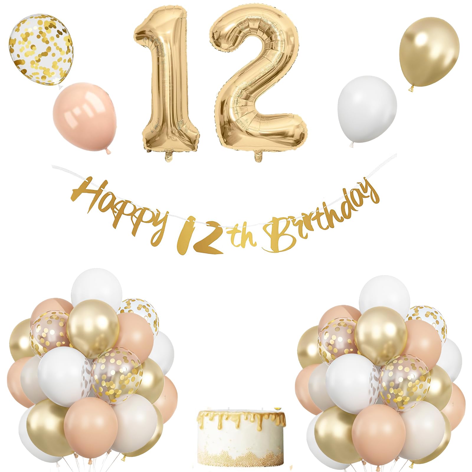 12th Birthday Decoration for Girls,12th Birthday Decorations Girl, Beige White Gold Balloons With Happy 12th Banner, Cake Topper, Number 12 Foil Balloons for Boy Girl Party Decoration — image 1