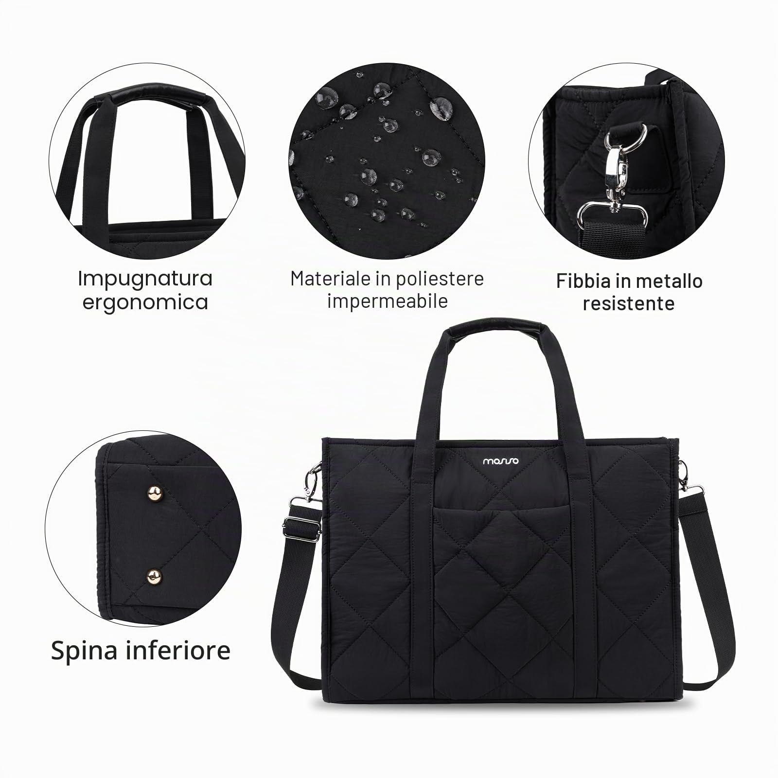 MOSISO Borsa Tracolla Imbottita Laptop Donna,15-15,6 pollici Borsa Laptop | Borse Lavoro Grand Capacita Leggera Casual con Portabicchieri per Insegnanti Infermieri Universita Affari Ufficio Viaggi,Nero