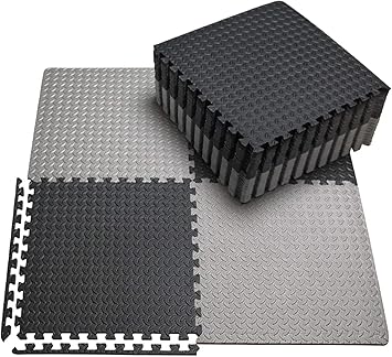 YMD Fitness Puzzle Mat, Gym Floor Mat, EVA Foam Interlocking 24"x24" 6Pc 24 SqFt Black, Grey 12 mm Exercise & Gym Mat ()