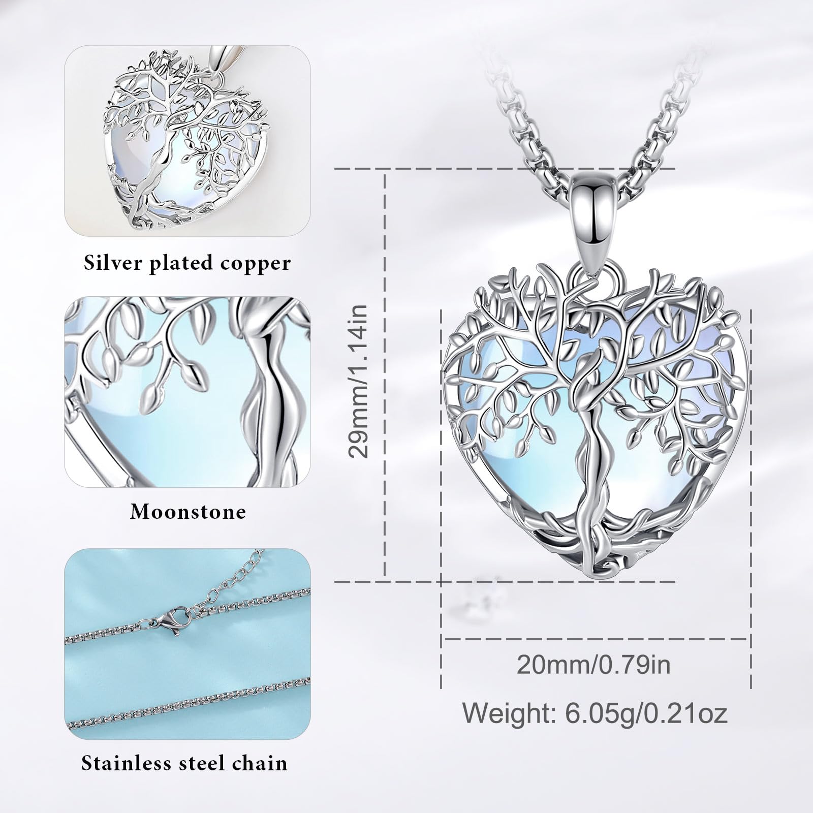 AEONSLOVE Lebensbaum Kette mit Kristall, Baum des Lebens Mondstein Halskette für Damen Türkis Amethyst Anhänger Obsidian Malachit Stein Kette Heilsteine Schmuck
