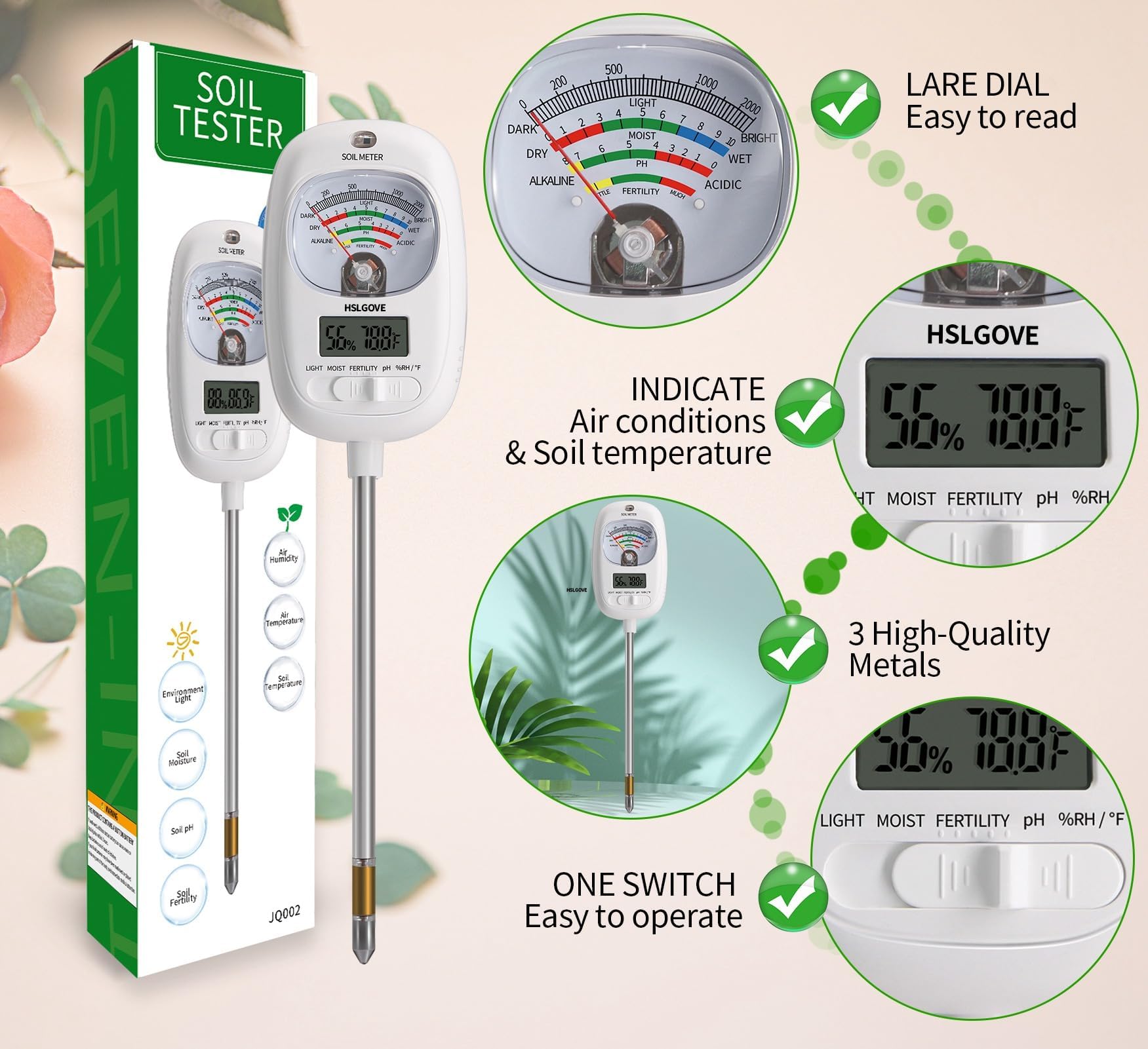HSLGOVE Bodentest-Set, 7-in-1 Bodenfeuchtigkeitsmesser/Boden-pH-Messgerät/Fruchtbarkeit, Dual-Screen-Bodentester mit digitaler Bodentemperatur/Lufttemperatur und Luftfeuchtigkeit für Pflanzen