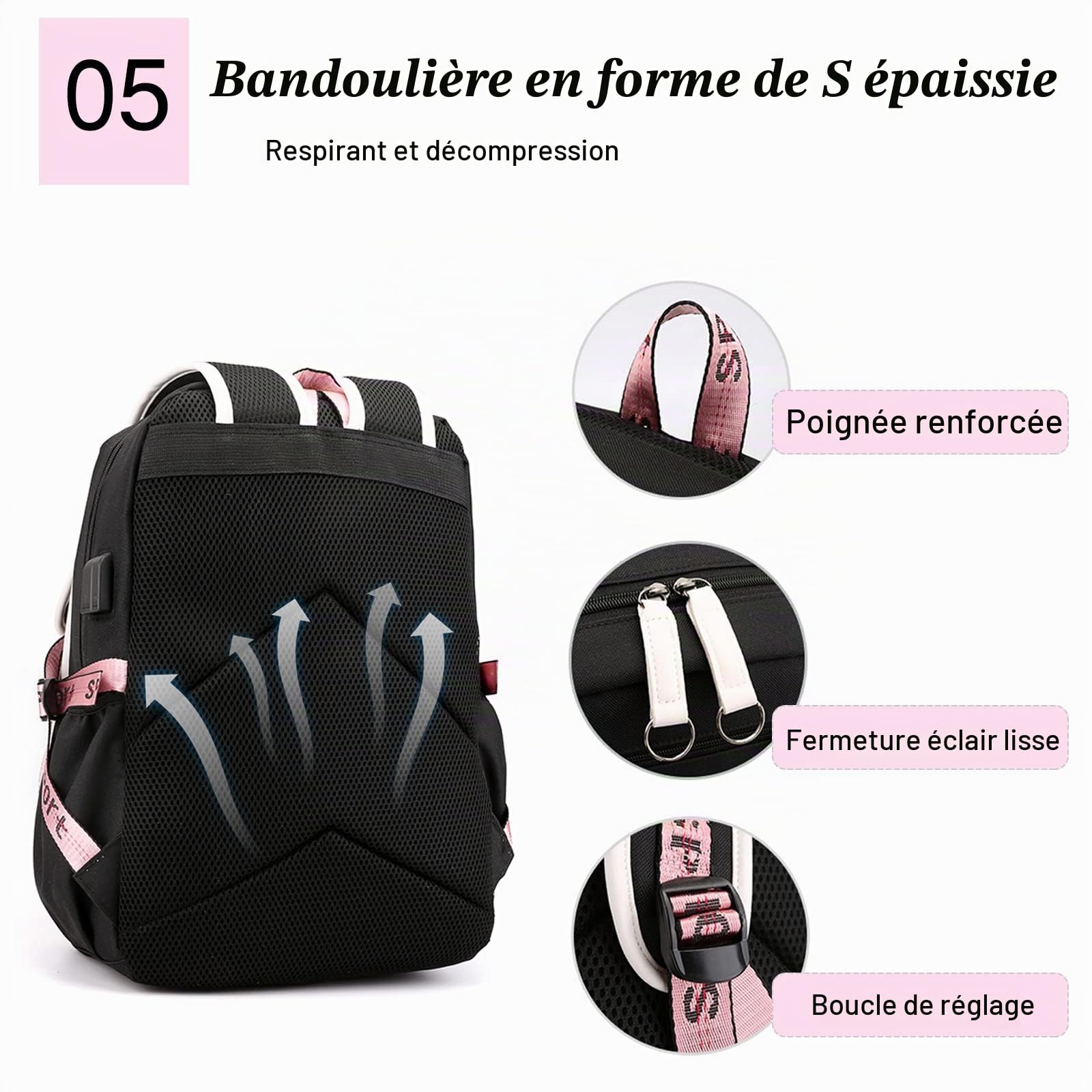 FANDARE Sac à Dos de Filles Sacs d'école Loisir Cartable Sacs Scolaires avec Port de Charge USB pour Femme Outdoor Voyage Achats Pique-Nique Campus Randonnée avec Pendentif Hair Ball Noir