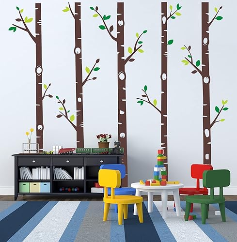 Calcomanías de pared de árbol gigante, 5 calcomanías de pared de árbol de abedul, calcomanías de pared de bosque para bebés, niños, guardería,