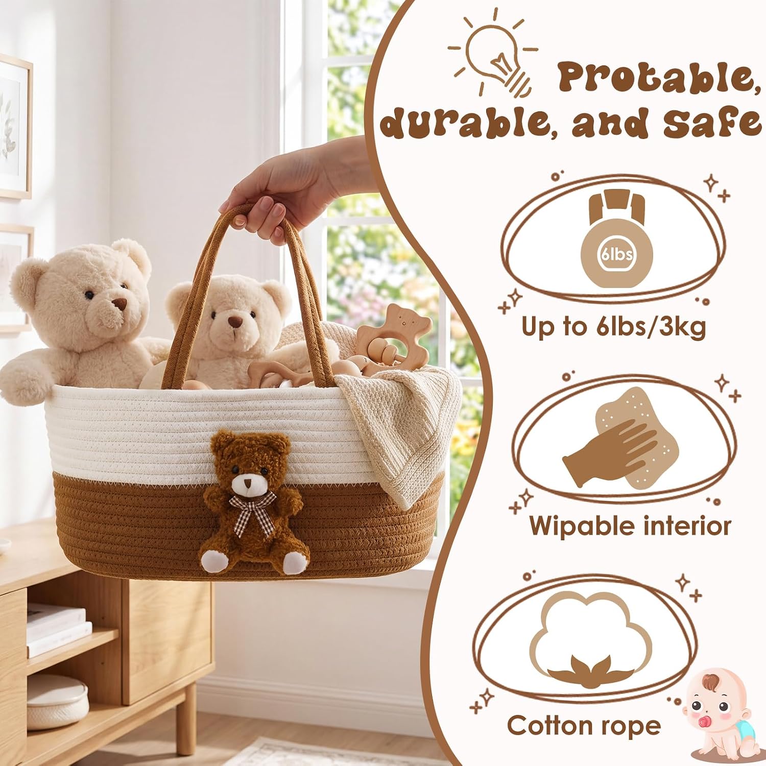 FoldTier Bear Diaper Caddy Organizer Cart Storage for Nursery with Handle, Bear Baby Shower Basket Gift Bath Caddy for Diapers and Baby Wipes, Basket for Nursery(Dark Brown)