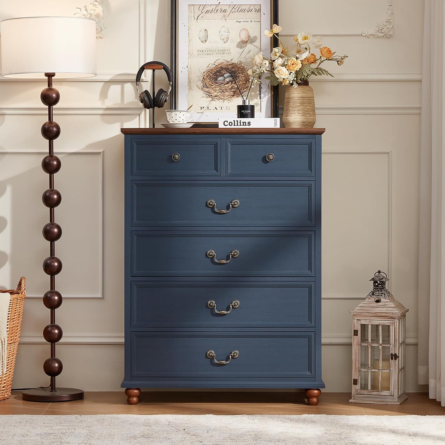 Joaxswe Farmhouse 6 Drawer Dresser for Bedroom, 42" Tall Rustic Chests of Drawers w/ 4 Solid Wood Feet, Mid Century Modern Wooden Closet Storage Dressers Organizer for Living Room, Hallway,Blue