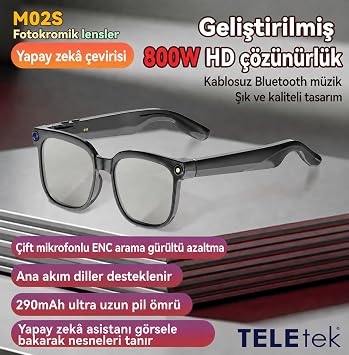 M02S Ak ll  G zl k, 800W HD Kamera, Fotokromik Lensler, Yapay Zeka Asistan , M zik Dinleme, Video, Foto raf  ekme, Telefonla Konu ma, Giyilebilir